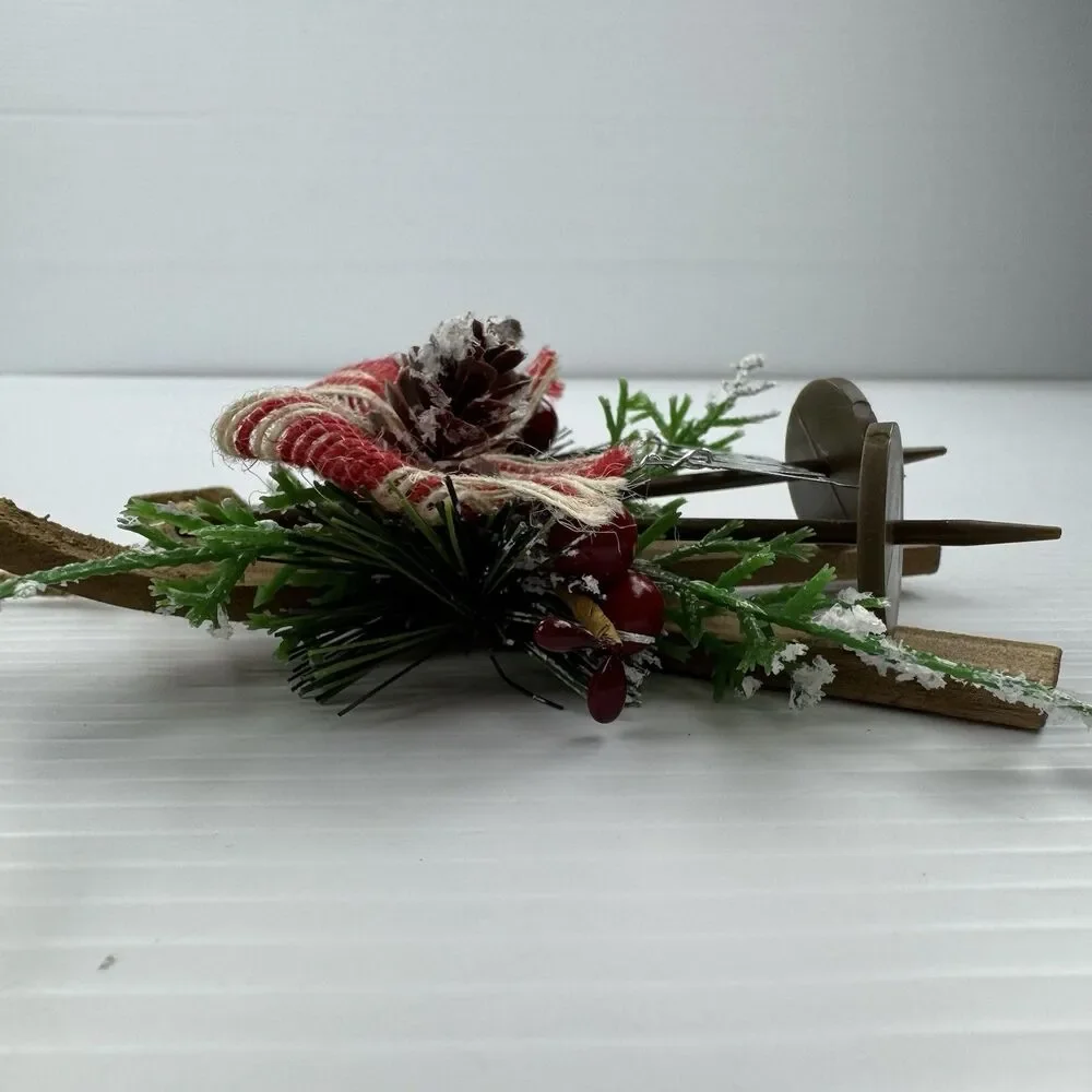 Rustic Noel Christmas Ornament Skis Pinecones Burlap Bow Farmhouse Lodge Cabin